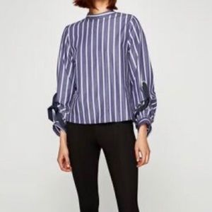 Zara light denim blouse long sleeve with ties blue